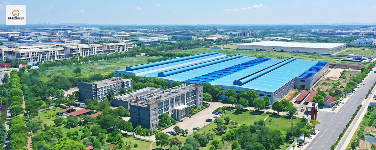 ElevGrid modern industrial manufacturing facility aerial panoramic view